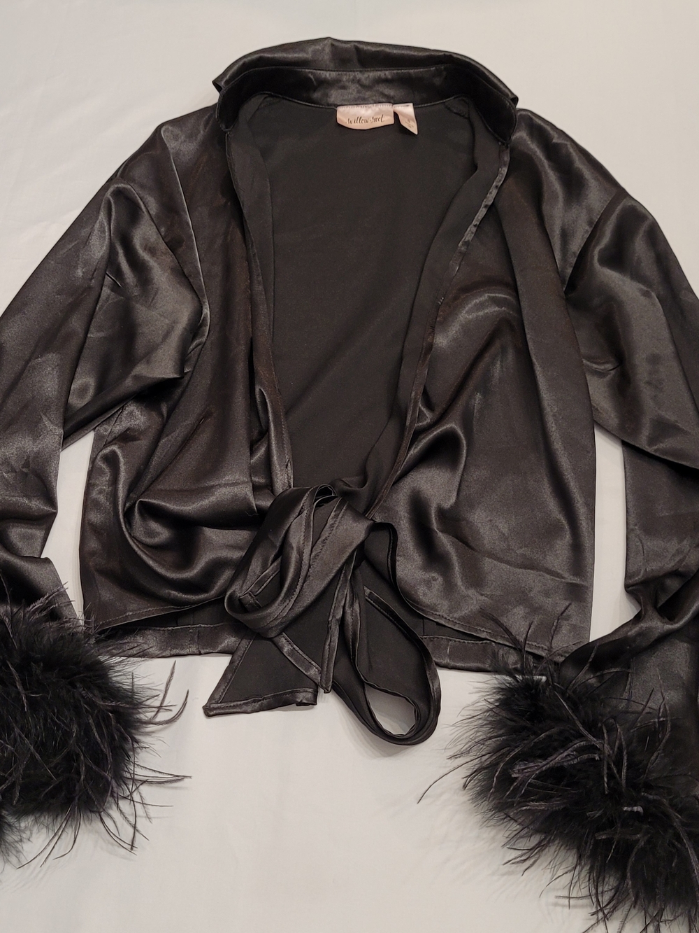 Willow & Root Satin Feather Cuff Tie Front Crop Top Black S